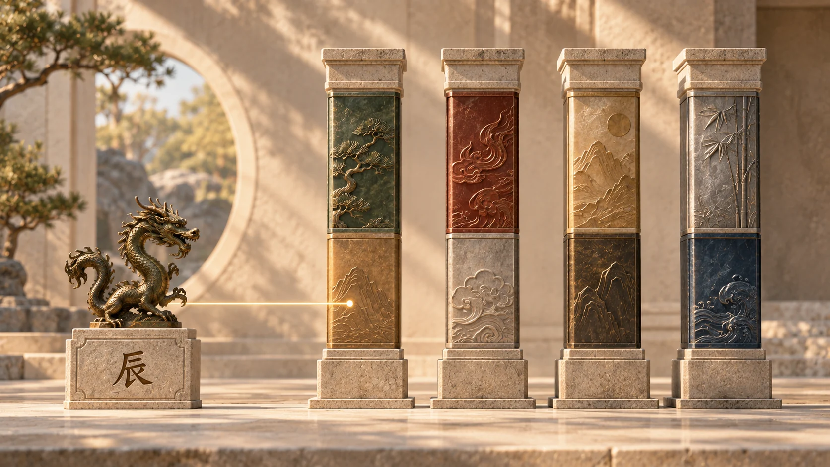 Bronze Dragon connected to the Year Earthly Branch within four stone pillars representing a complete BaZi birth chart.