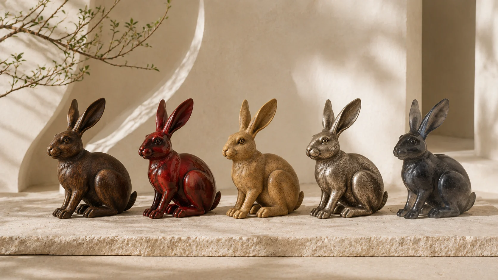 Five Rabbit sculptures in wood, red lacquer, earth-toned stone, metal and dark stone representing the Five Element Rabbit types.