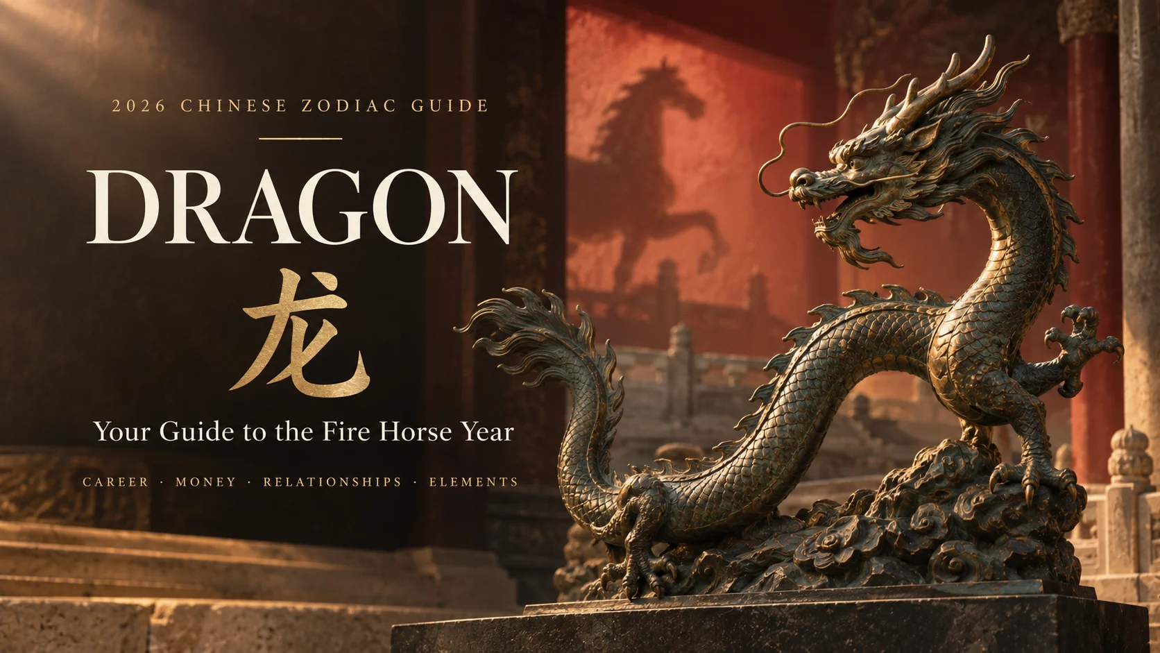 Bronze Dragon sculpture for the 2026 Dragon Chinese Zodiac Fire Horse guide.