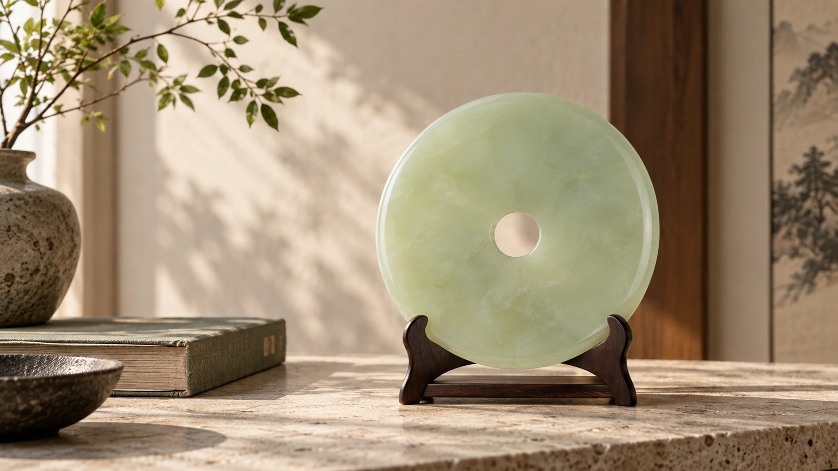 Qing Yu Ping An Kou displayed on a dark wooden stand in a restrained editorial still life