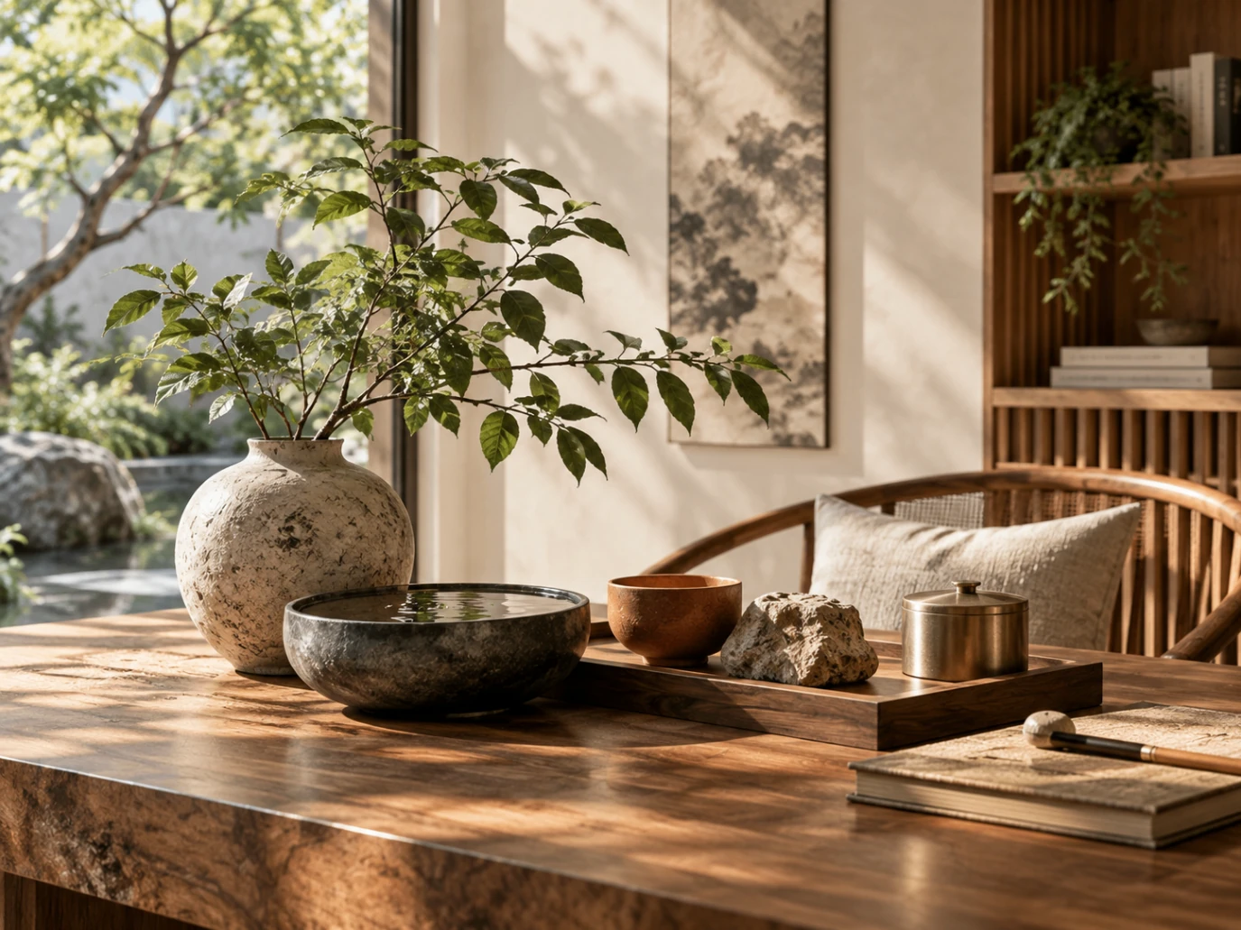 Interior still life representing the Five Elements through natural materials