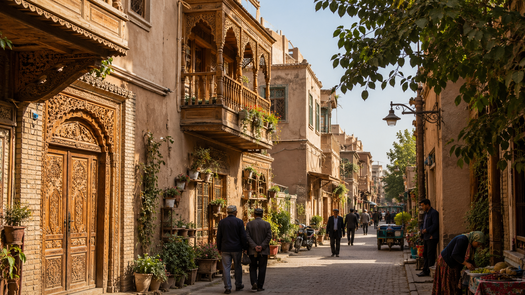 Traditional earth-toned architecture and everyday street life in Kashgar, Xinjiang.