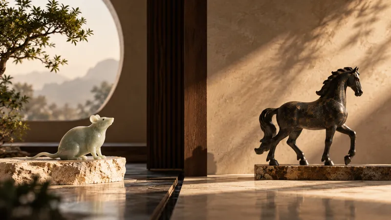 Rat and Horse sculptures representing the Six Clashes in Chinese Zodiac compatibility