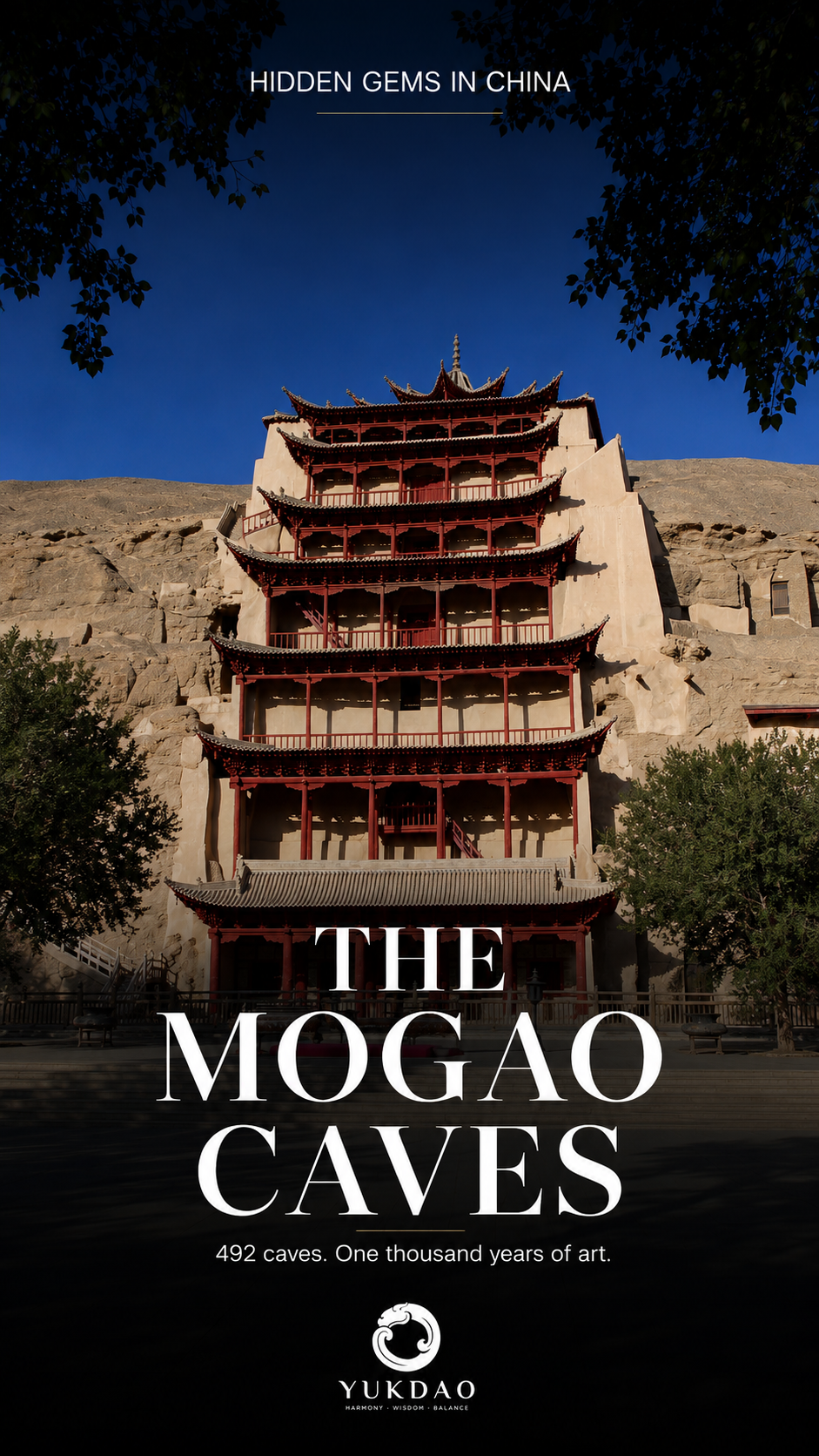 The nine-storey façade of the Mogao Caves carved into desert cliffs near Dunhuang, China.