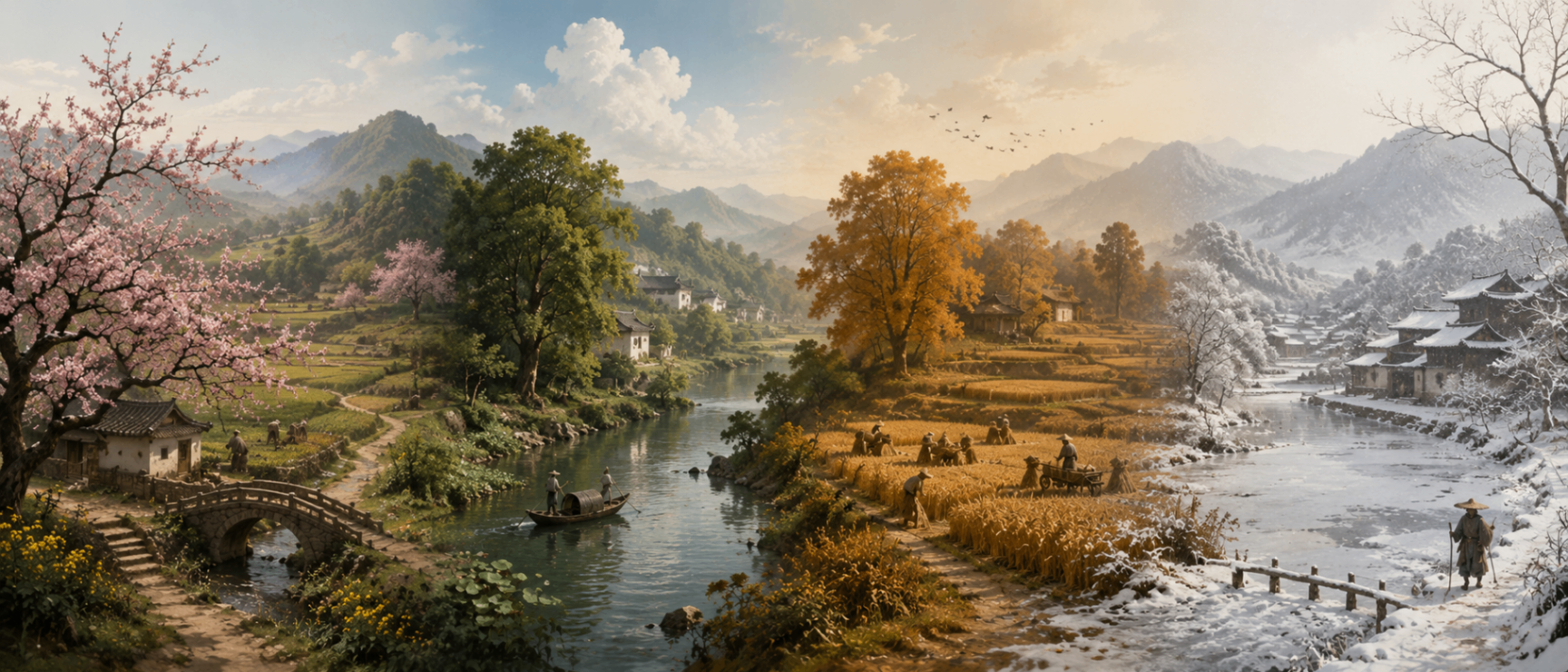 A wide landscape transitions naturally through spring blossom, lush summer green, golden autumn harvest, and snowy winter fields to illustrate seasonal balance.