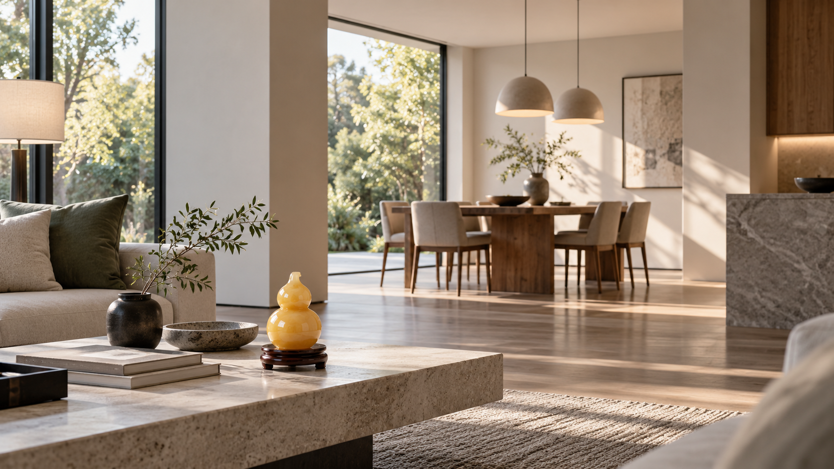 Contemporary open-plan home with an auspicious gourd object arranged in warm daylight