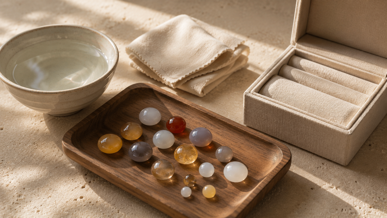 Proper storage materials for preserving polished chalcedony jewelry.