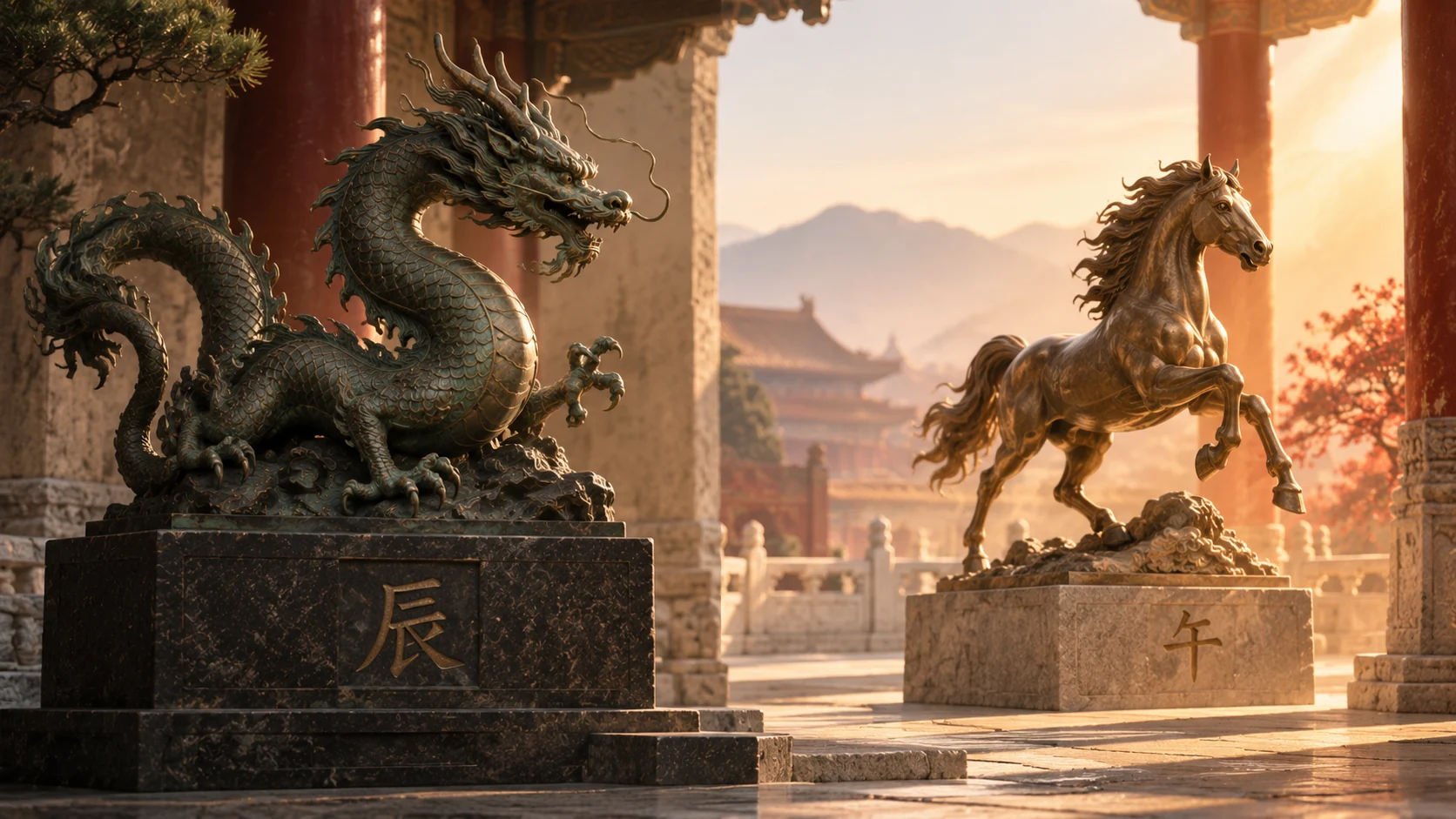 Bronze Dragon and Horse sculptures side by side, labelled with the Earthly Branches 辰 and 午.