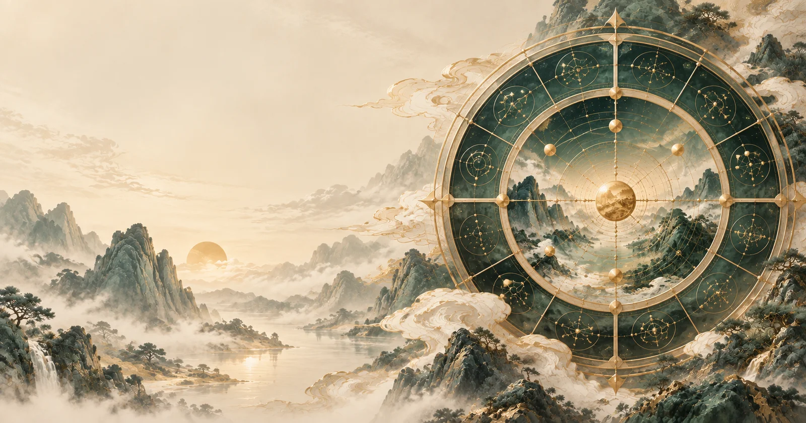 Chinese-inspired circular cosmological illustration overlooking misty mountains, representing cycles of fate and time.