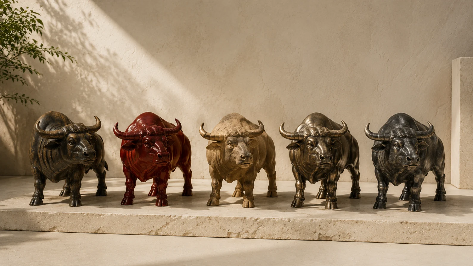 Five Ox sculptures in wood, red lacquer, earth-toned stone, metal and dark stone representing the Five Element Ox types.