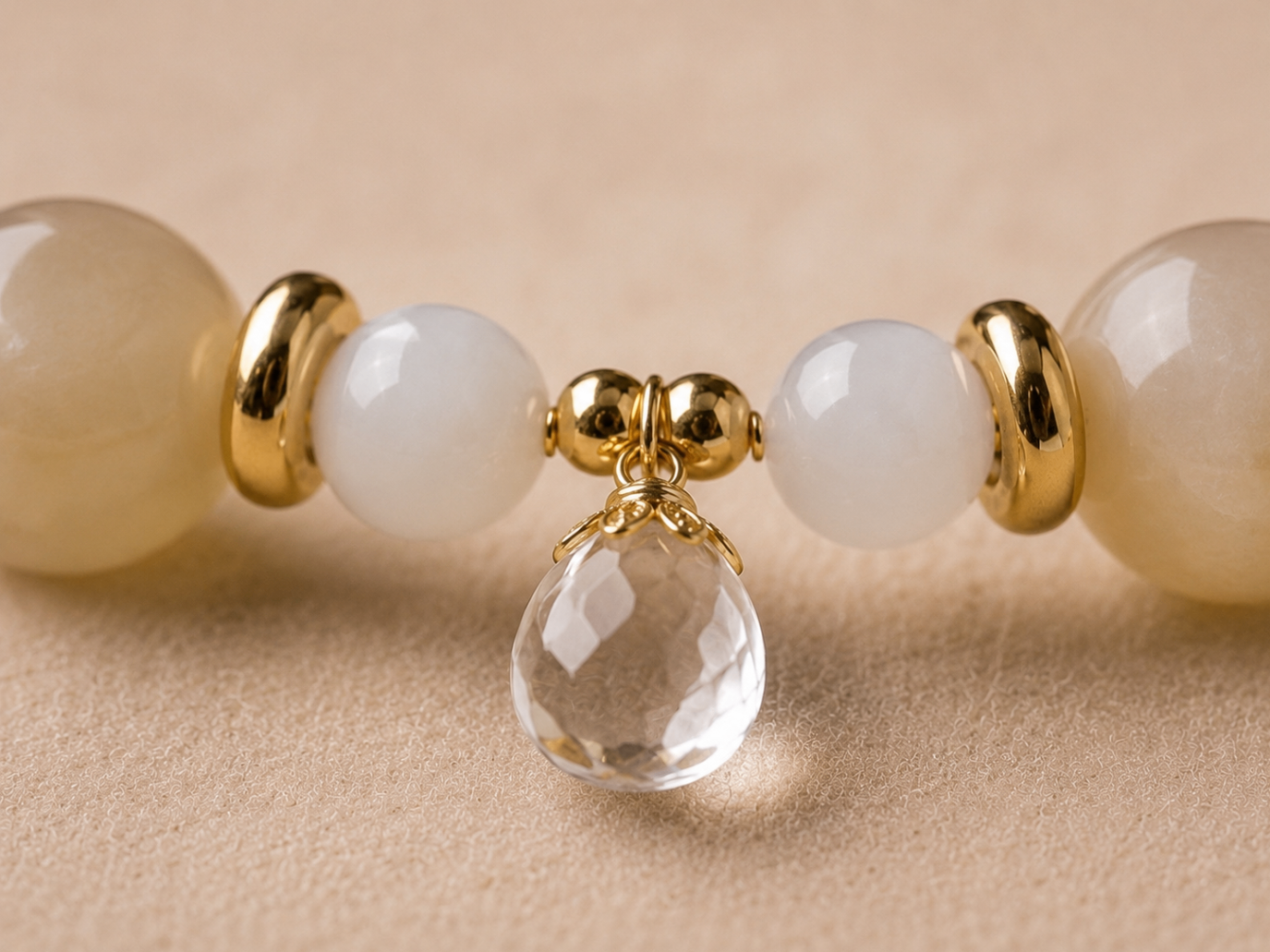 Close-up of polished stone beads, gold-tone spacers and a faceted crystal drop