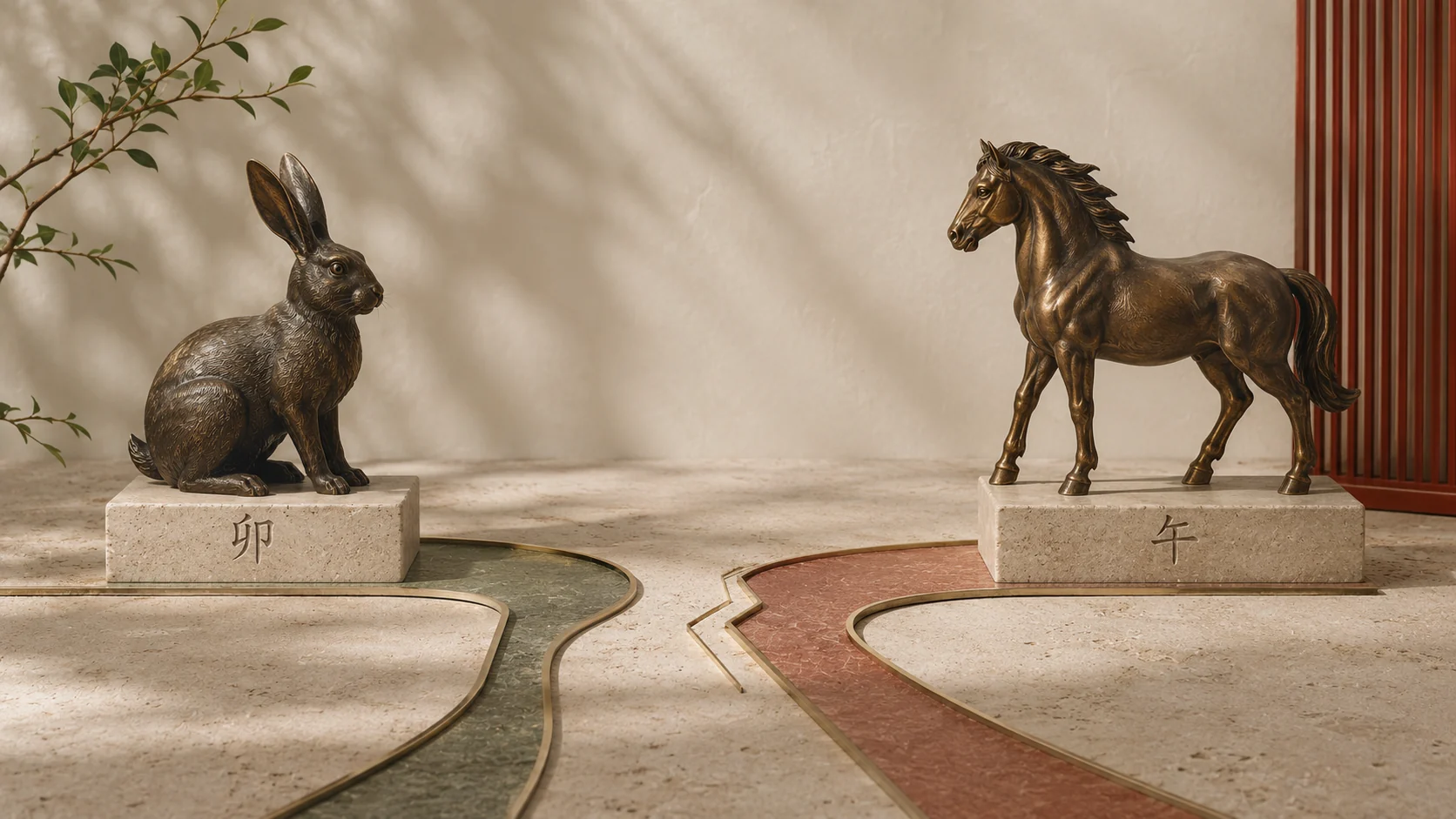Bronze Rabbit and Horse sculptures facing each other, representing the traditional 卯午破 break relationship in the 2026 Fire Horse year.