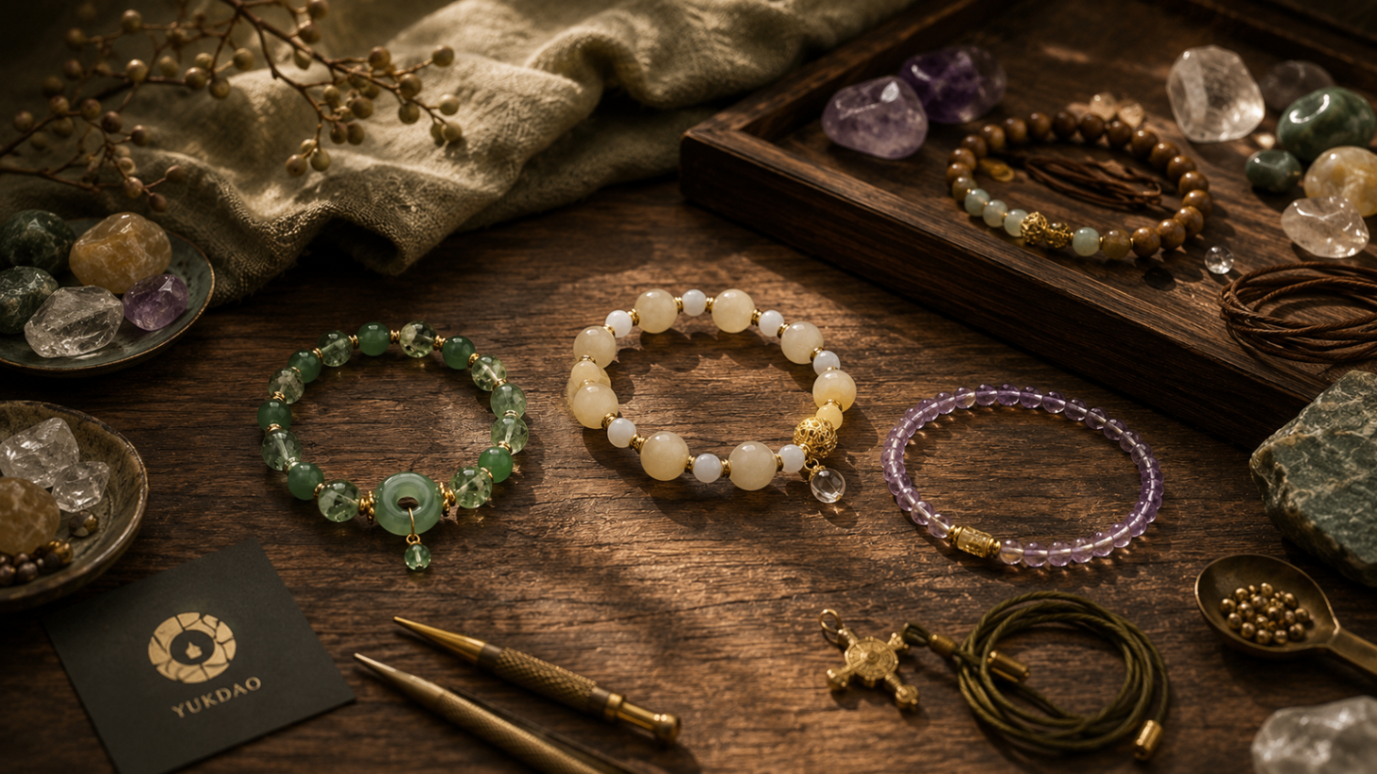 Three finished YukDao bracelets resting beside the green gift box, embroidered pouch and loose natural stones