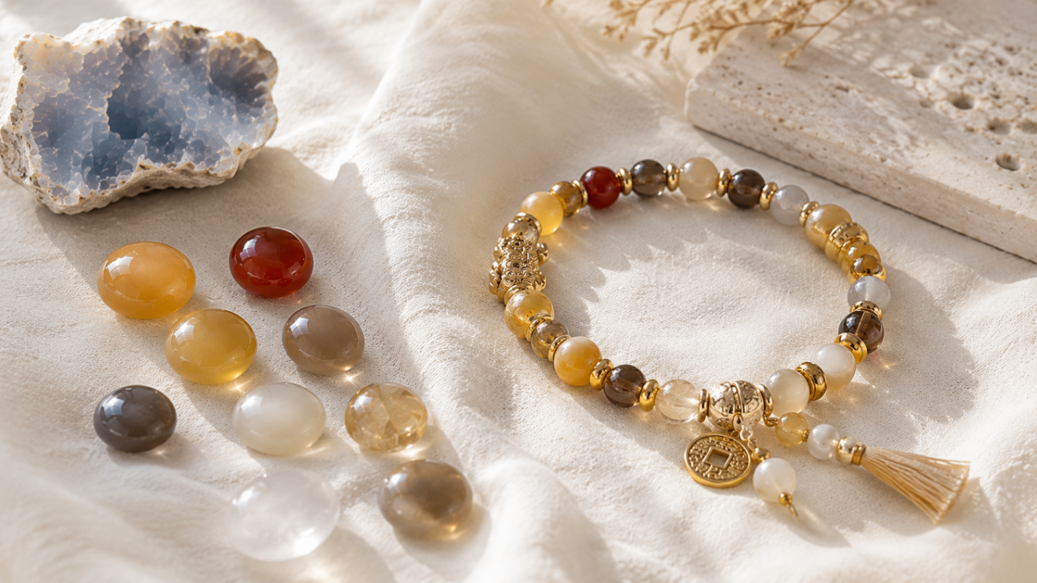 YukDao chalcedony bracelet displayed beside loose chalcedony stones and a raw specimen.