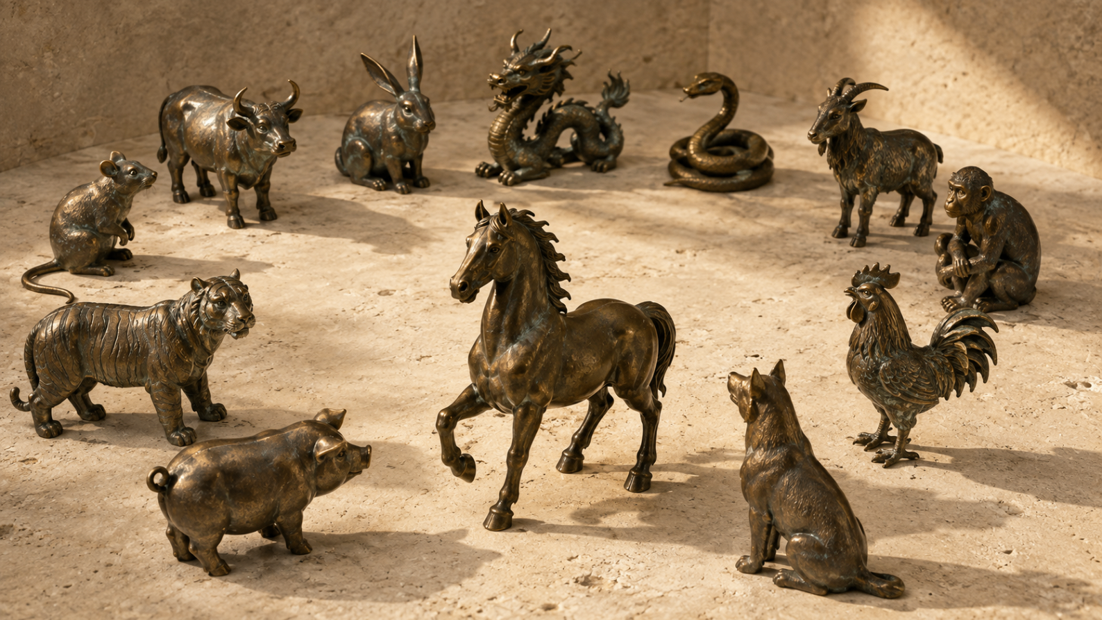 Twelve traditional Chinese zodiac animals represented as bronze sculptures with the Horse highlighted.