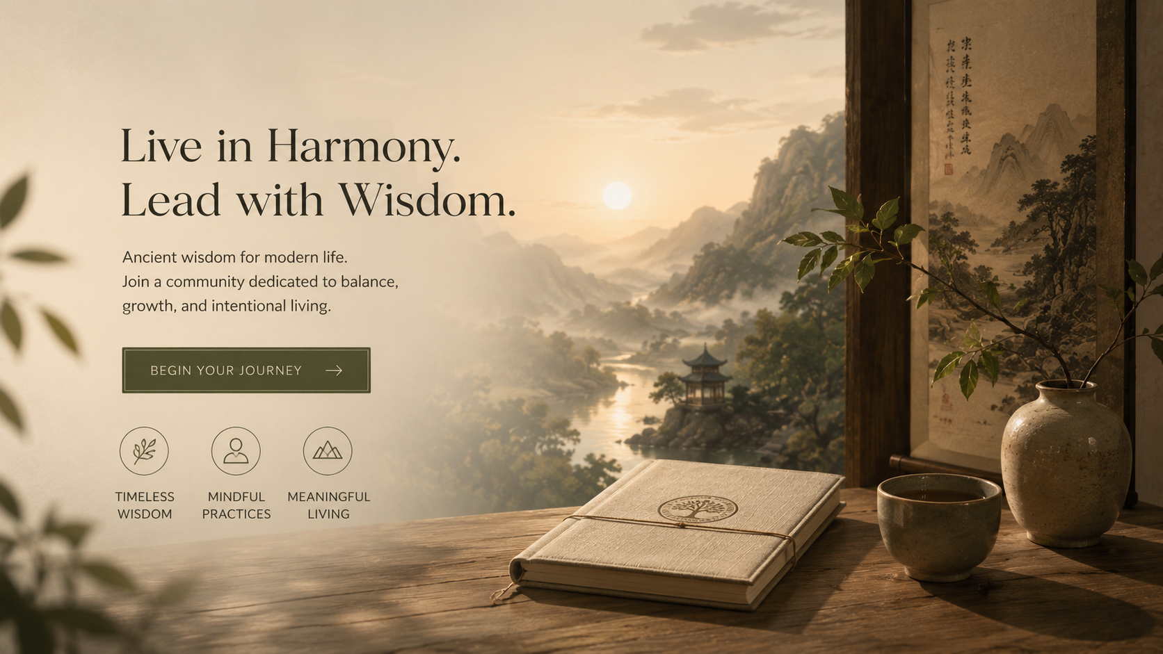 A woman sits at a writing desk at golden hour with a journal open before her and a classical Chinese mountain landscape visible through tall windows — an invitation to begin a personal journey of self-discovery.