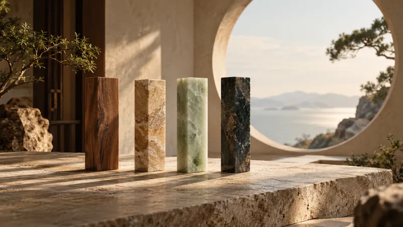 Four sculptural pillars representing the year, month, day and hour of a BaZi birth chart