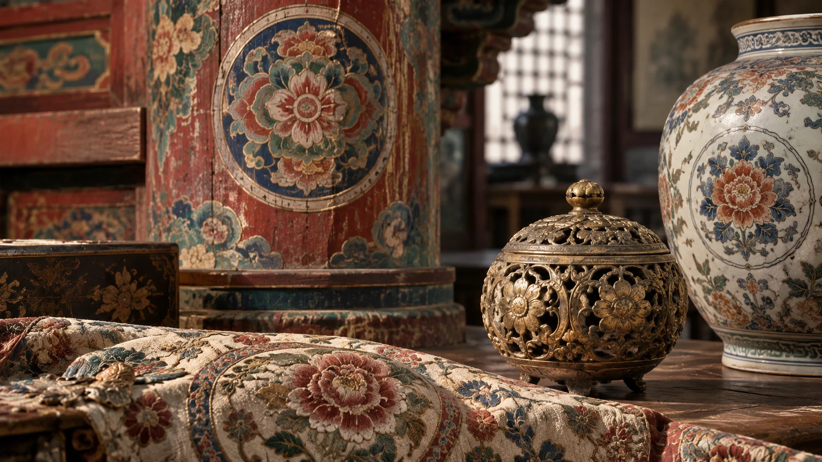 Chinese floral ornament across architecture, embroidery, ceramics and metalwork.