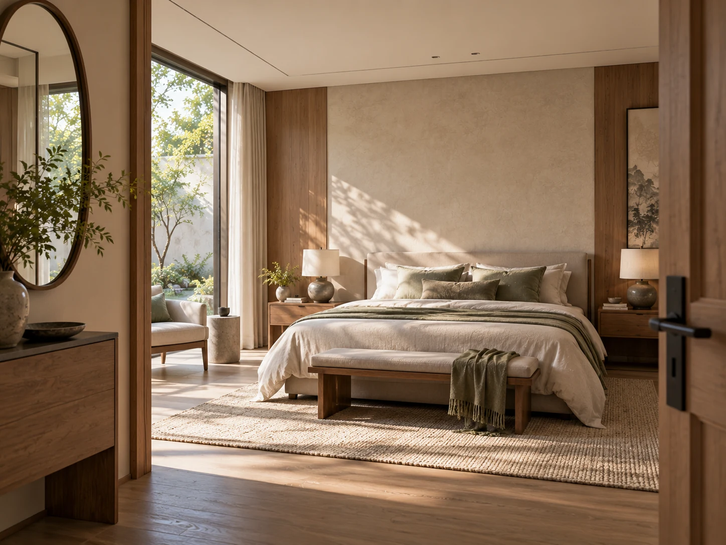 Contemporary bedroom with a supported bed position and mirror placed away from the bed
