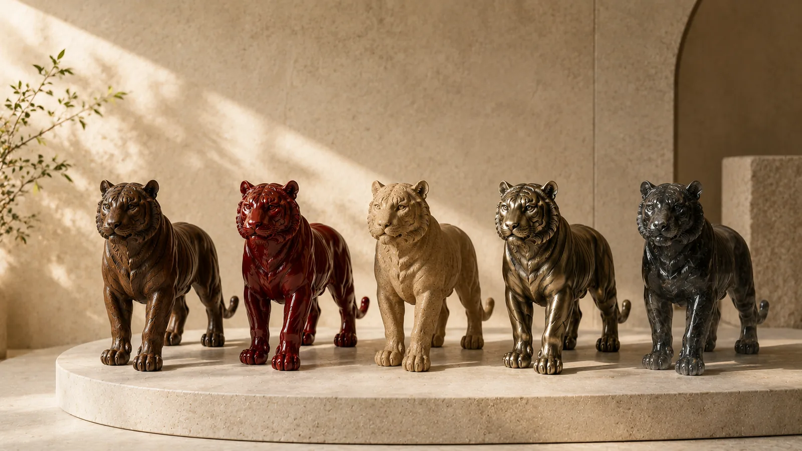 Five Tiger sculptures in wood, red lacquer, earth-toned stone, metal and dark stone representing the Five Element Tiger types.