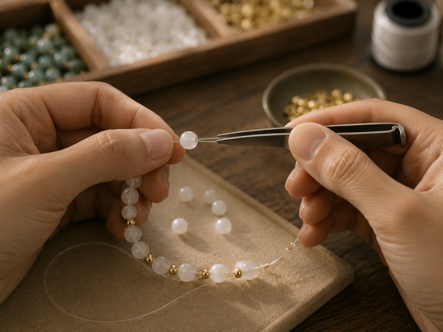 Artisan hands threading a bead onto cord with tweezers