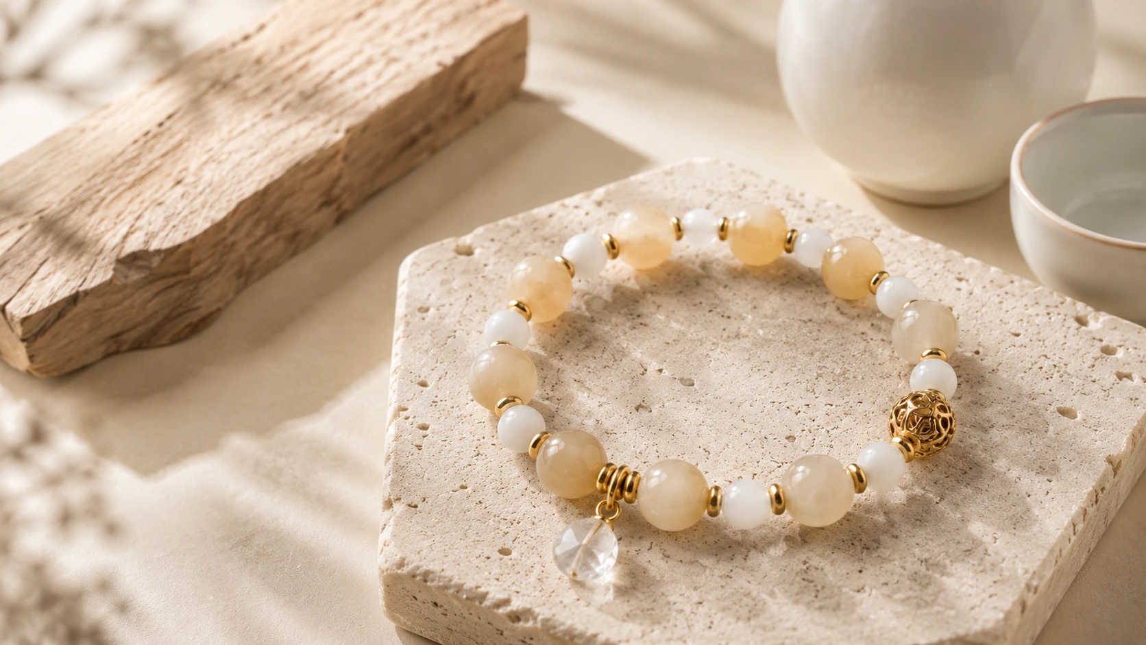 Contemporary YukDao bracelet made from soft pink 藕粉玉 Qinghai Hetian jade beads.