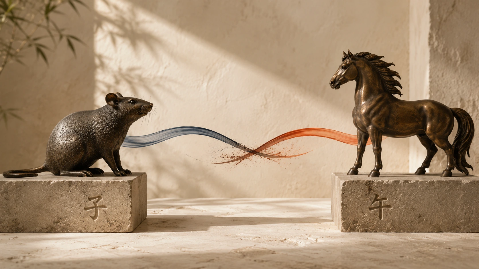 Bronze Rat and Horse sculptures representing the Zi-Wu clash, 子午相冲, in the 2026 Fire Horse year.