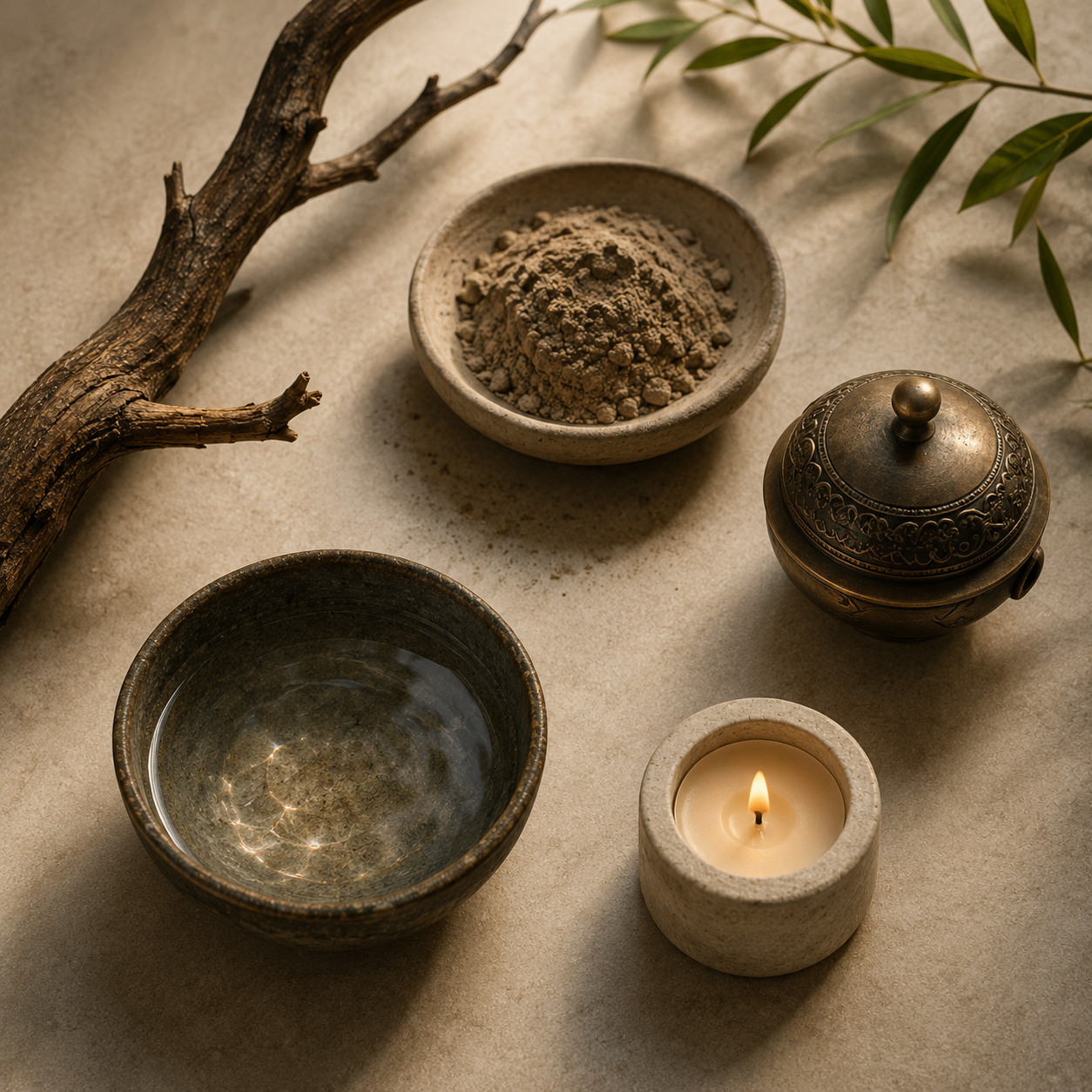 Luxury flat-lay photograph of five natural objects on a stone surface — a wooden branch, a bowl of clay, a bronze vessel, a ceramic bowl of water, and a lit candle — each representing one of the Five Elements.