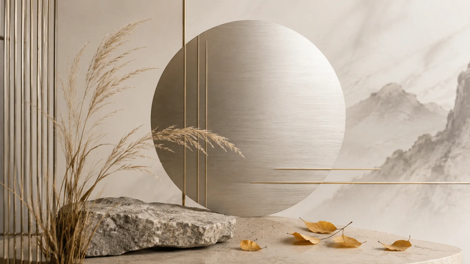Abstract representation of the Metal element in autumn: a brushed metal disc, a smooth stone and dry grass.