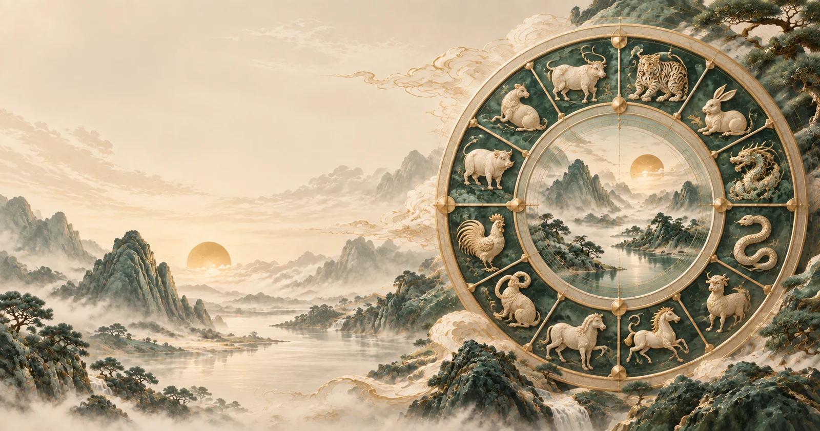 Twelve Chinese zodiac animals arranged around a circular decorative wheel against a traditional Chinese mountain landscape.