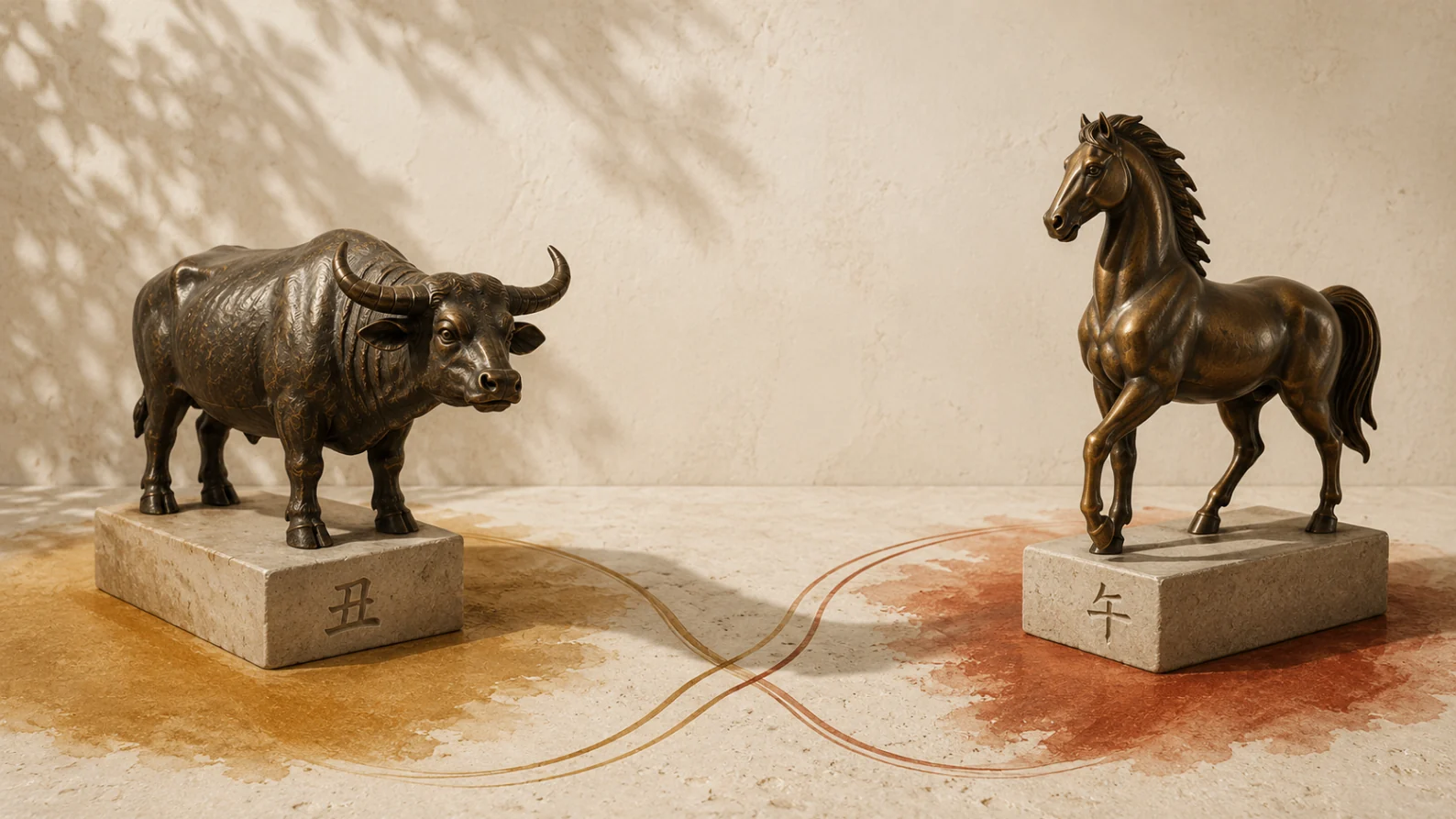 Bronze Ox and Horse sculptures representing the traditional Chou-Wu relationship, 丑午相害, in the 2026 Fire Horse year.