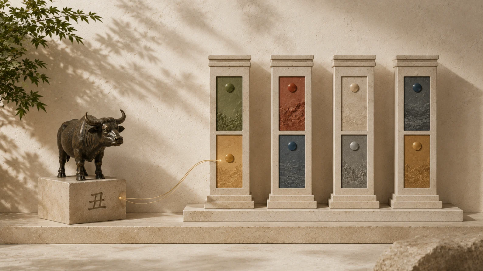 Bronze Ox connected to the Year Earthly Branch within four architectural pillars representing a complete BaZi birth chart.