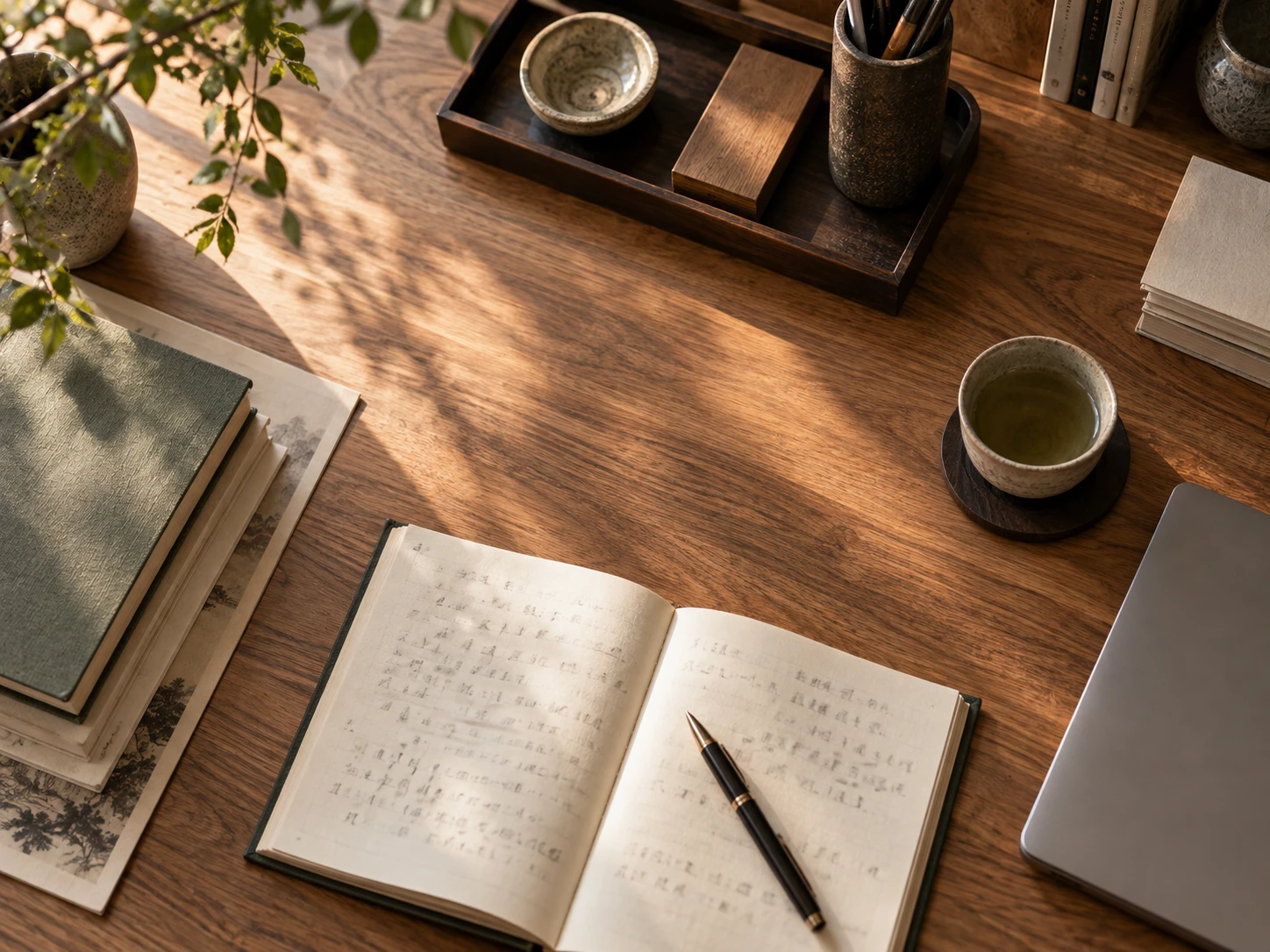 Ordered natural-wood working desk with books, notebook and writing tools.
