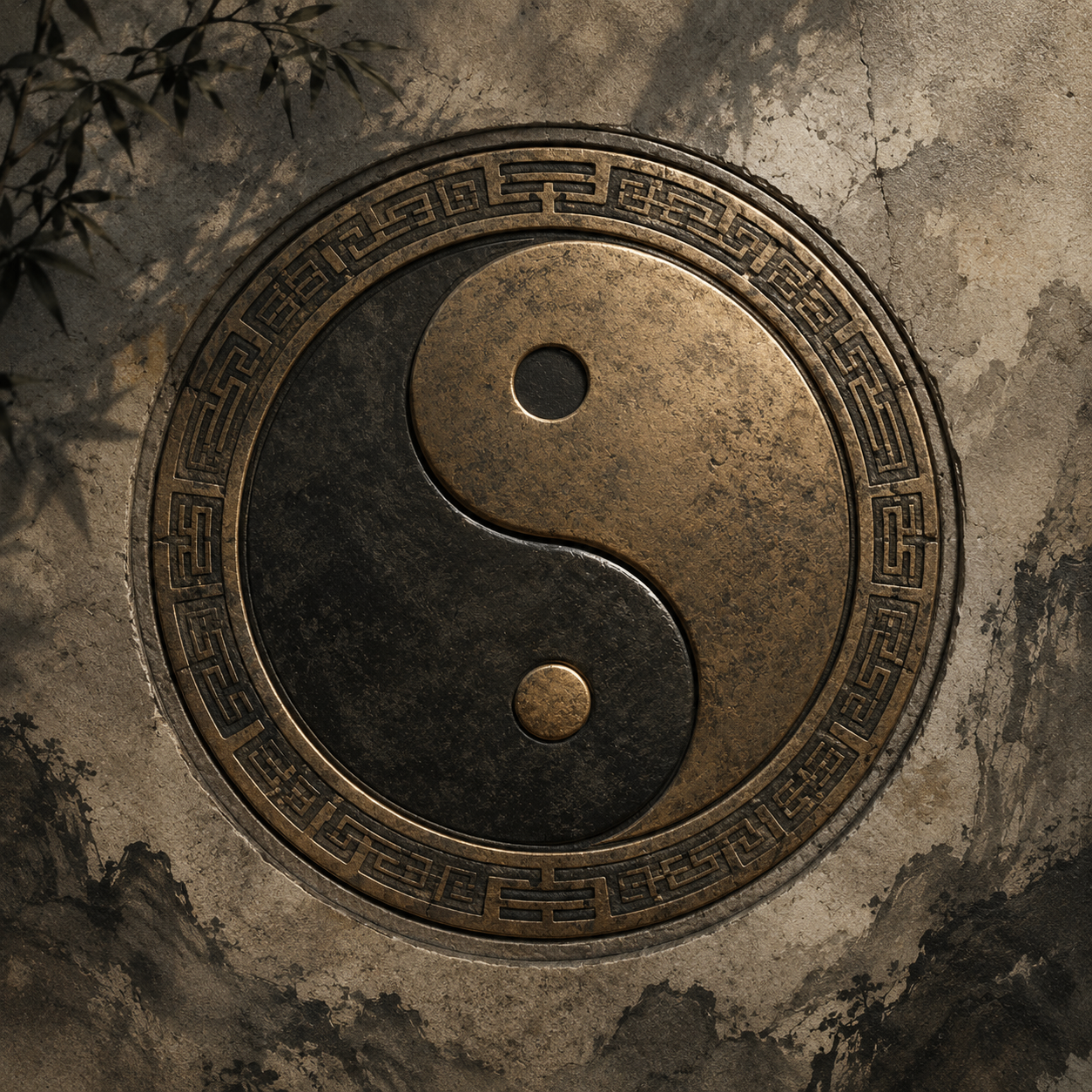 A close-up bronze Yin Yang medallion carved into aged stone, ringed by classical geometric patterns and surrounded by generous negative space.