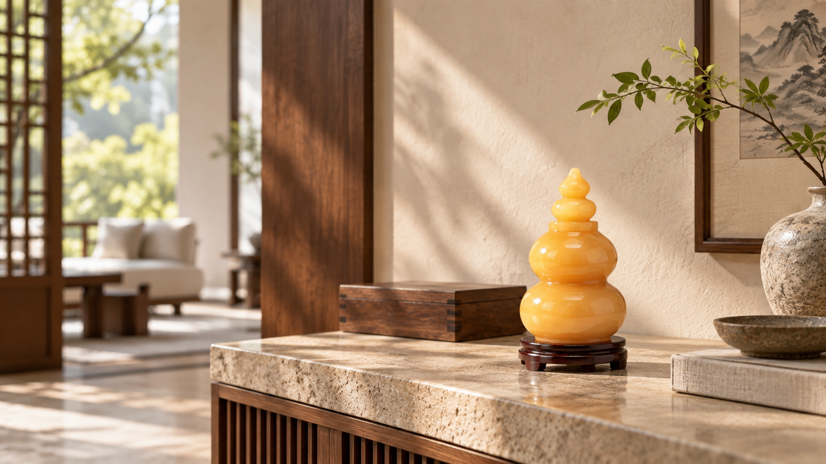 Yellow Hulu displayed in a contemporary Chinese interior with natural stone and timber.