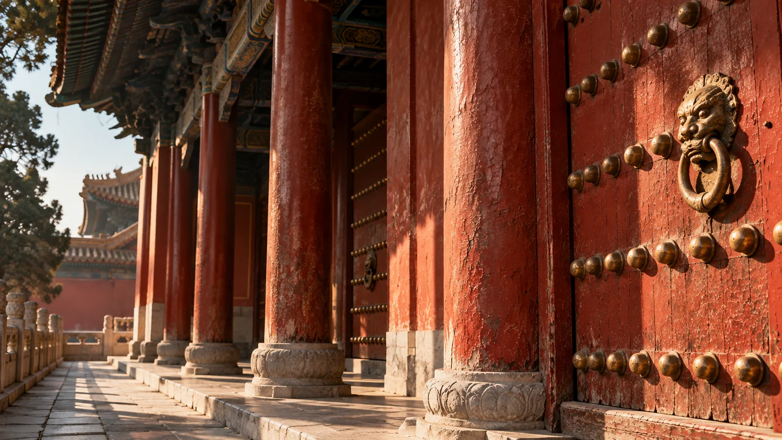 Historic Chinese architecture with vermilion red doors and columns