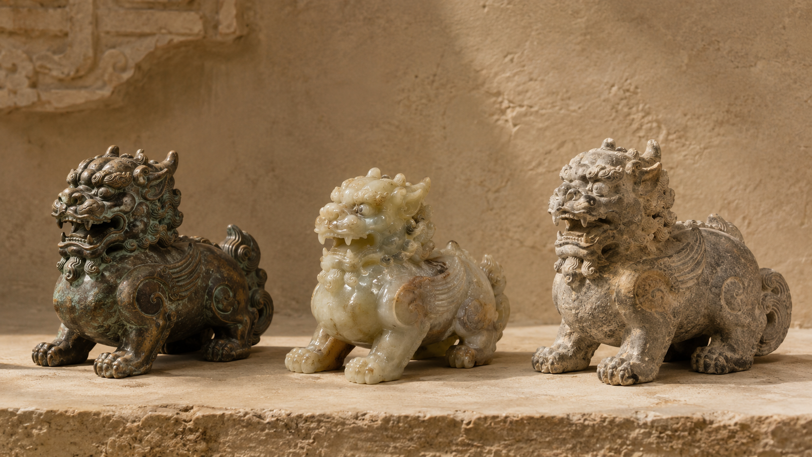 Three Pixiu sculptures carved in bronze, jade and stone shown side by side.