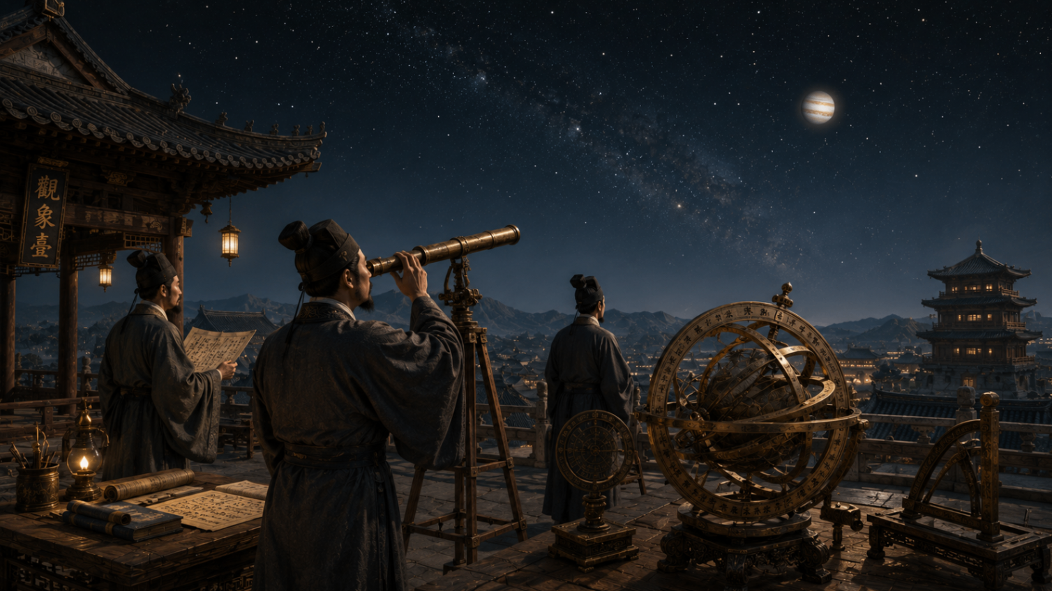 Ancient Chinese astronomers on a rooftop observatory at night, studying the stars with a brass telescope and armillary sphere, with a city and mountains visible below under a clear starlit sky.