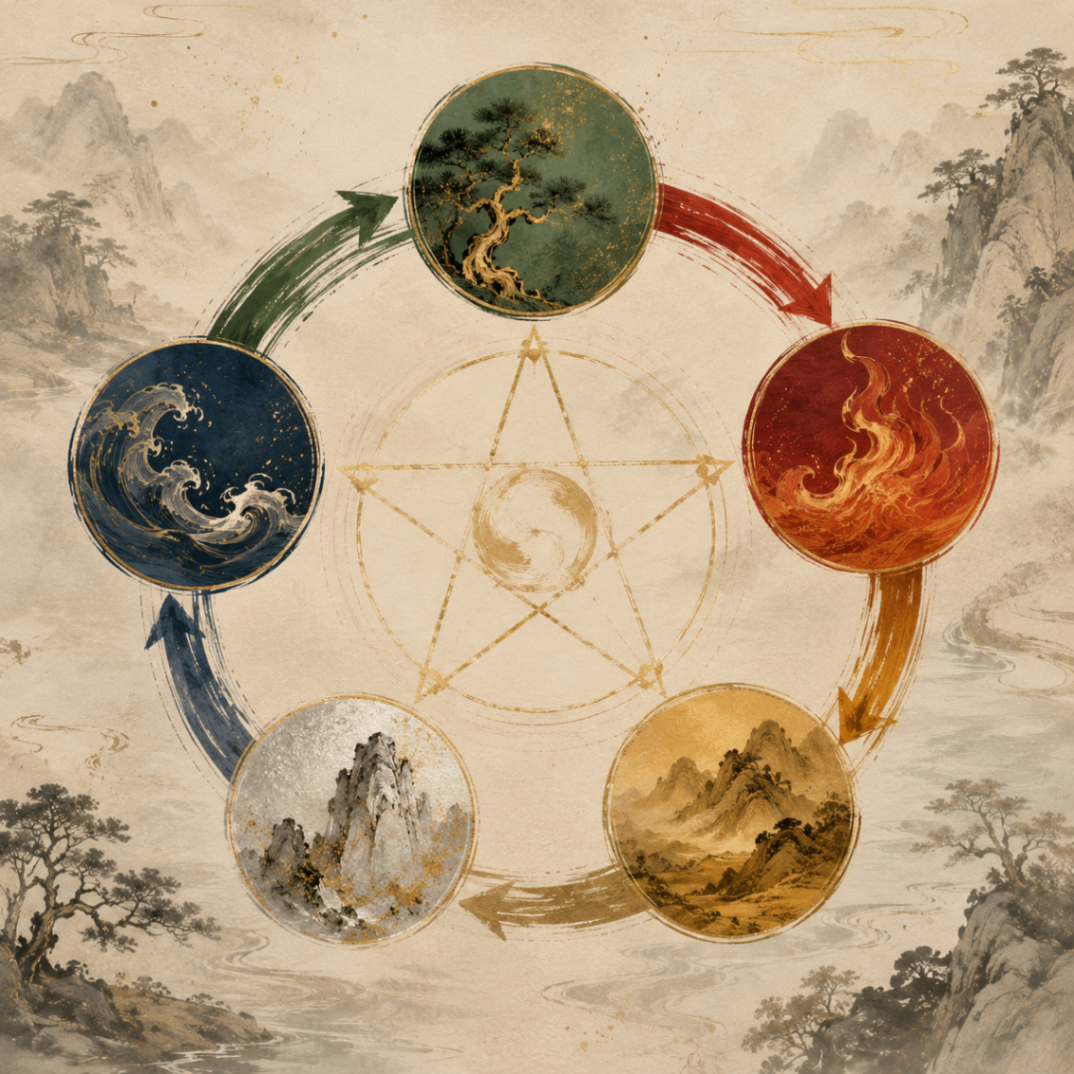 Classical Chinese illustration of the Wu Xing Five Elements arranged in a circular generating cycle — Wood, Fire, Earth, Metal, Water — on a parchment background.