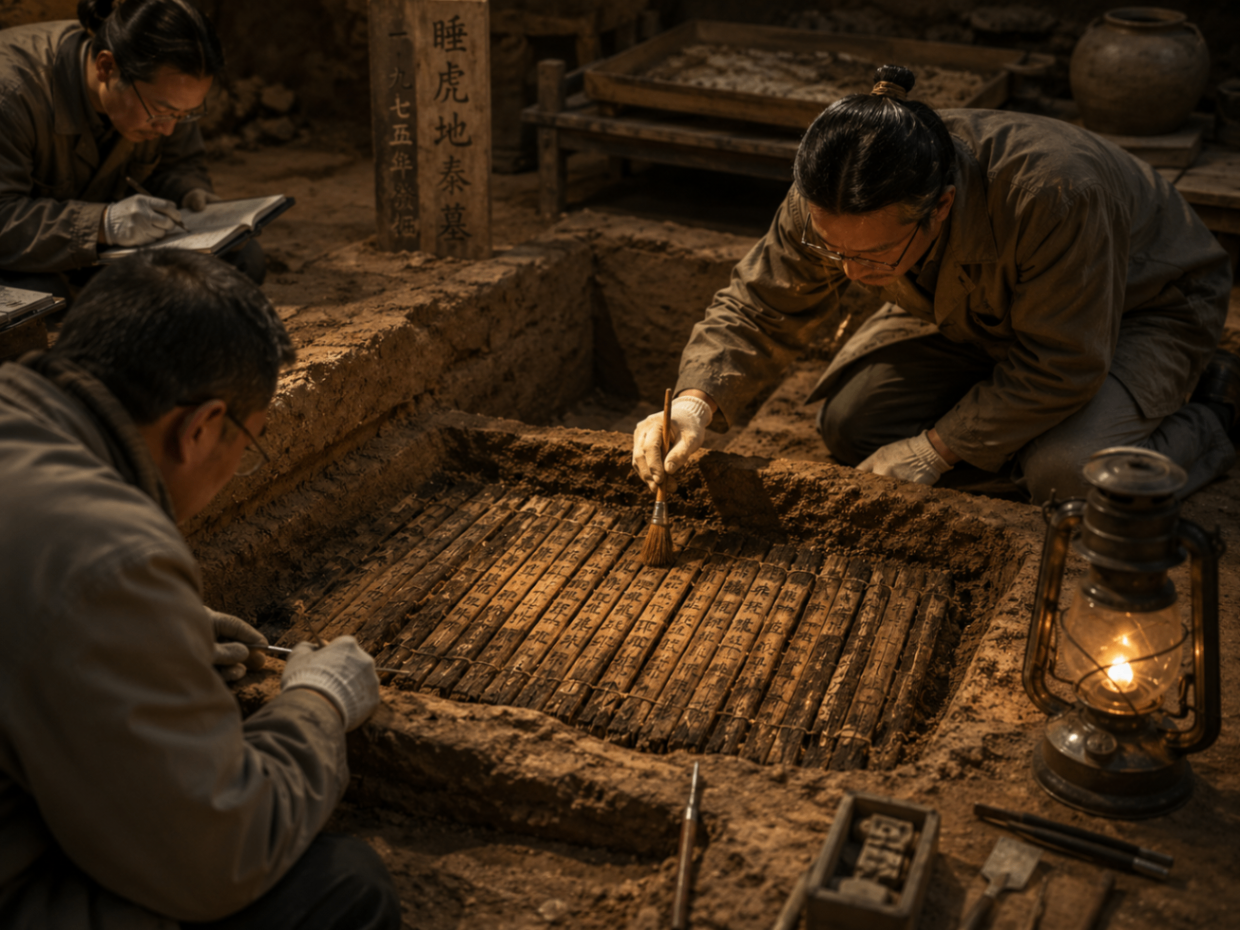 Archaeologists carefully excavating ancient bamboo slips inscribed with classical Chinese characters from a third-century BCE tomb by lamplight, brushing away soil with precision tools.