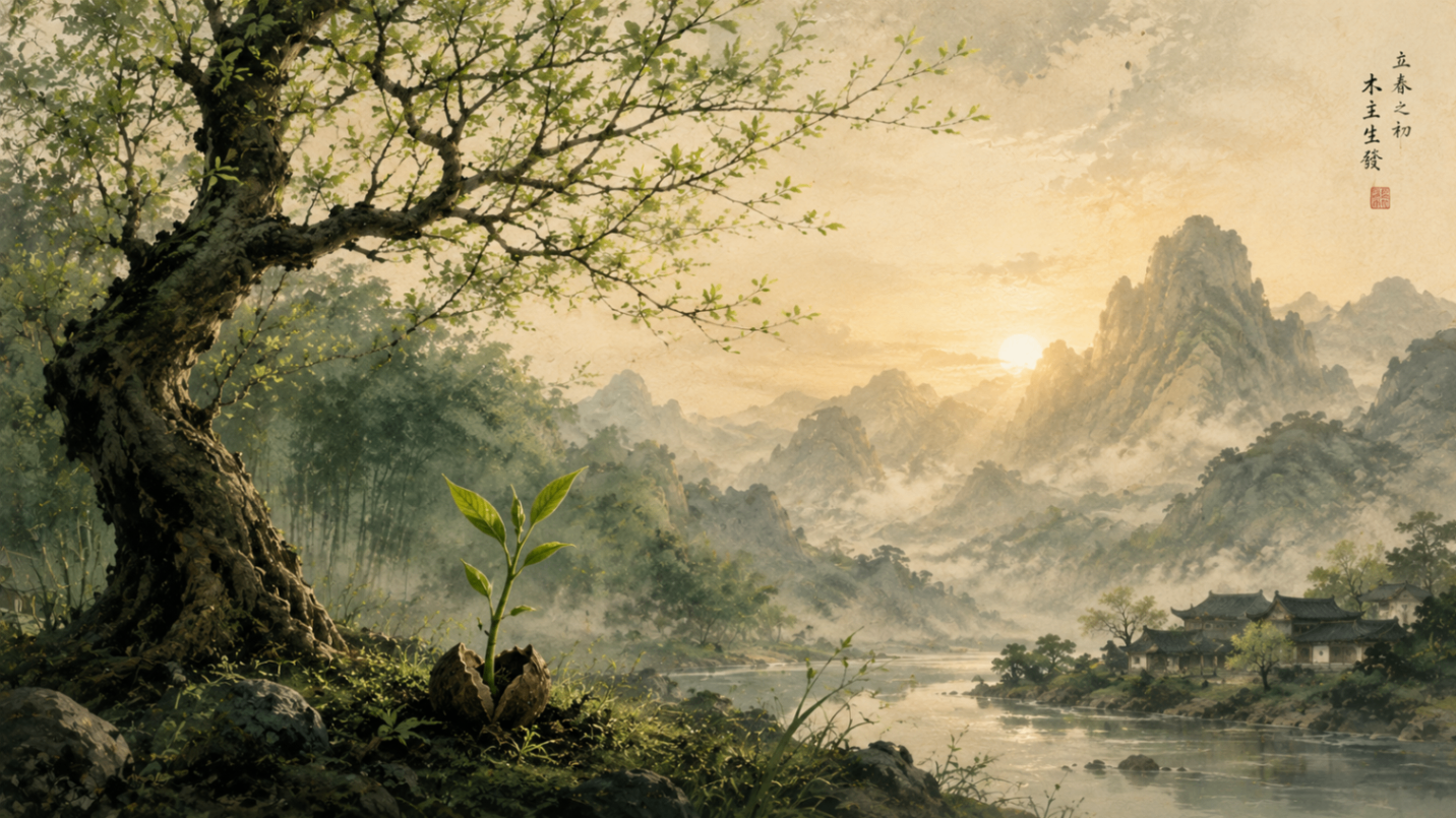 Traditional Chinese ink painting of a young sapling emerging from cracked earth at the base of an ancient tree, with misty mountains and river valley at dawn.