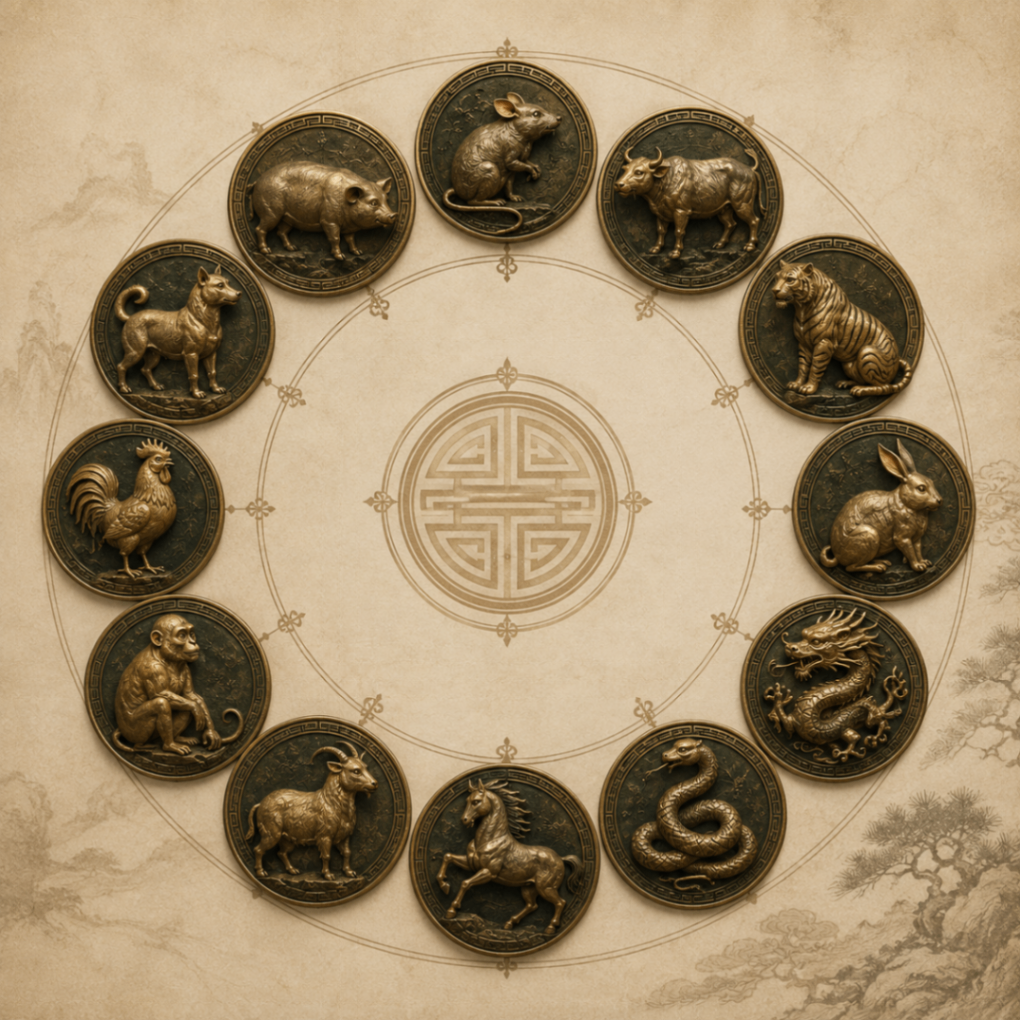 Twelve Chinese zodiac animals depicted as individual bronze relief medallions arranged in a circle on a classical parchment background with a traditional Chinese longevity symbol at the centre.