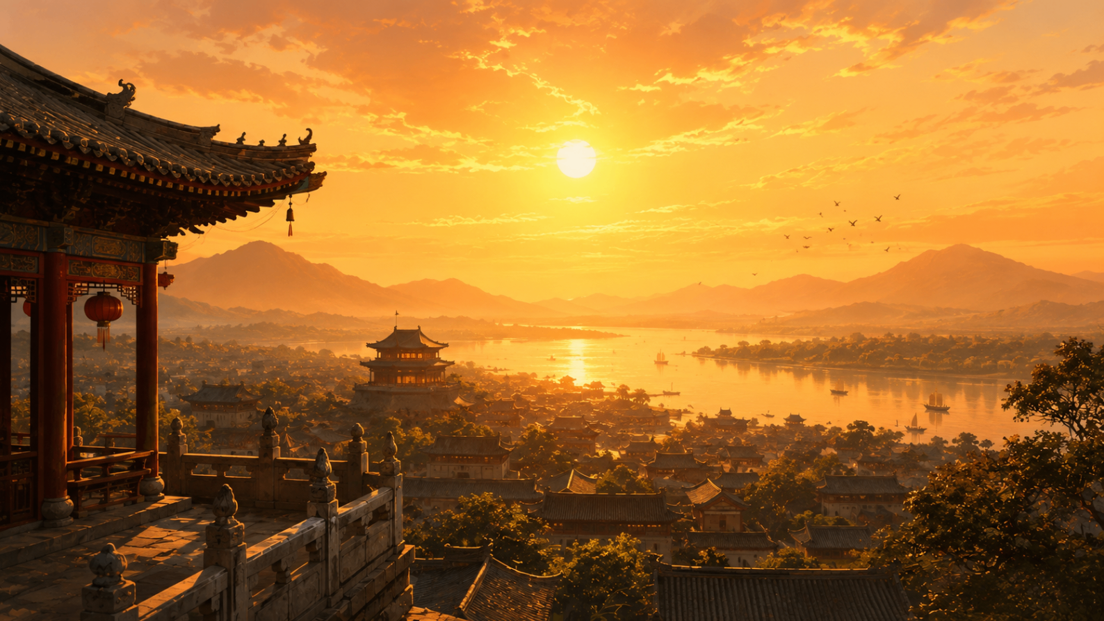 Ancient Chinese cityscape at the height of summer midday, golden light radiating across rooftops and a lake, representing the Fire phase of Wu Xing.