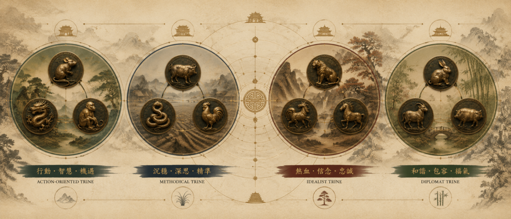 Panoramic classical Chinese illustration showing the four zodiac triads — Action-Oriented (Rat, Dragon, Monkey), Methodical (Ox, Snake, Rooster), Idealist (Tiger, Horse, Dog), and Diplomat (Rabbit, Goat, Pig) — each group depicted within its own circular landscape.