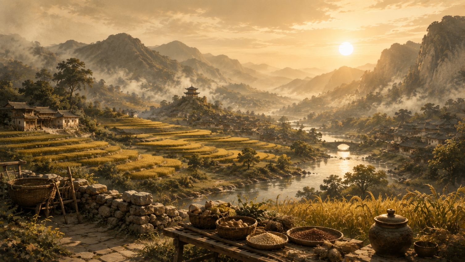 Panoramic traditional Chinese landscape showing golden terraced rice fields at harvest time, with morning mist on the river and a classical village in the distance.