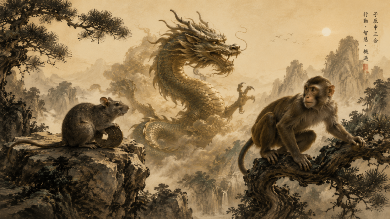 Traditional Chinese ink painting showing a Rat holding a gold coin, a Dragon rising from clouds, and a Monkey perched in a pine tree — the three animals of the Action-Oriented Trine depicted in a single atmospheric landscape.