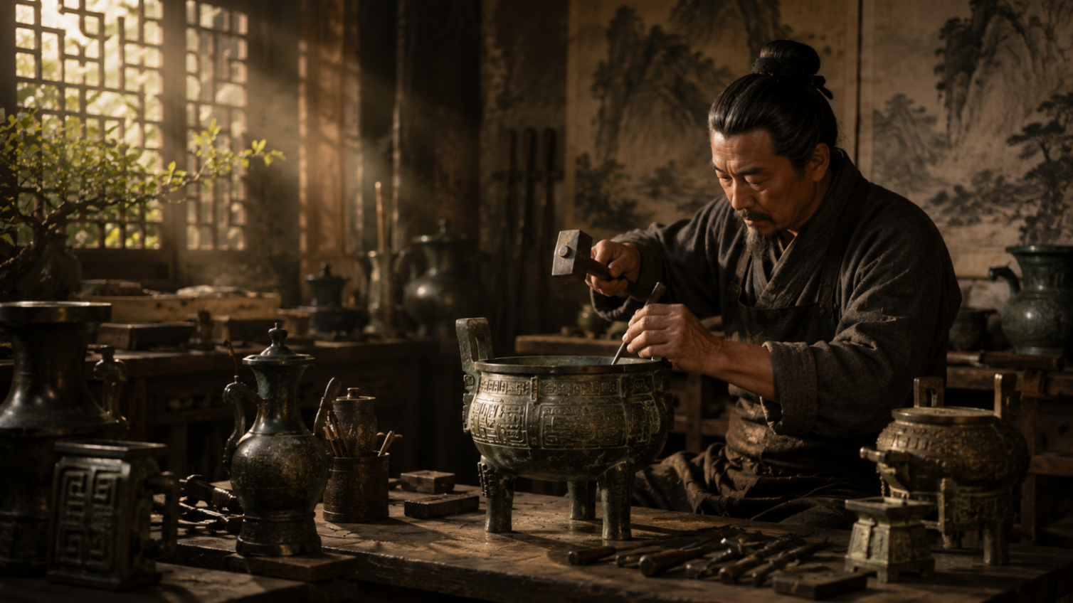 Ancient Chinese artisan meticulously engraves a bronze ritual vessel by candlelight in a traditional workshop surrounded by classical tools and artifacts.