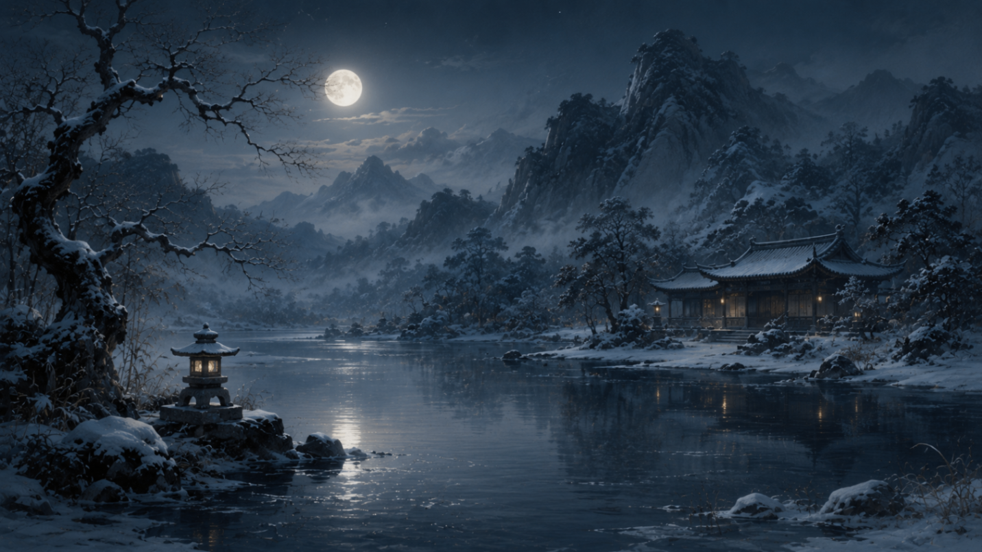Snow-covered classical Chinese garden at midnight with a full moon reflected on a perfectly still lake, bare trees, a stone lantern and a warmly lit pavilion in the distance.