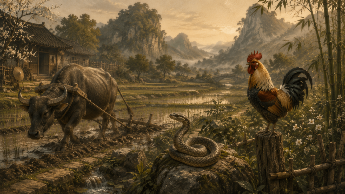 Classical Chinese landscape painting showing an Ox ploughing a rice paddy at dawn, a Snake coiled calmly on a stone, and a Rooster crowing at sunrise from a bamboo fence — the Methodical Trine in a single serene rural scene.