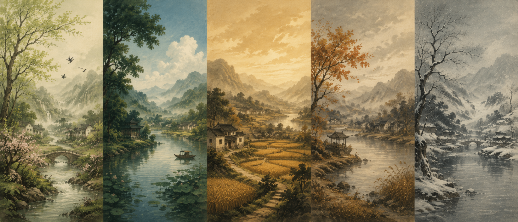 Five-panel traditional Chinese watercolour landscape showing the progression of spring, summer, late summer, autumn and winter — the seasonal expression of Wu Xing.